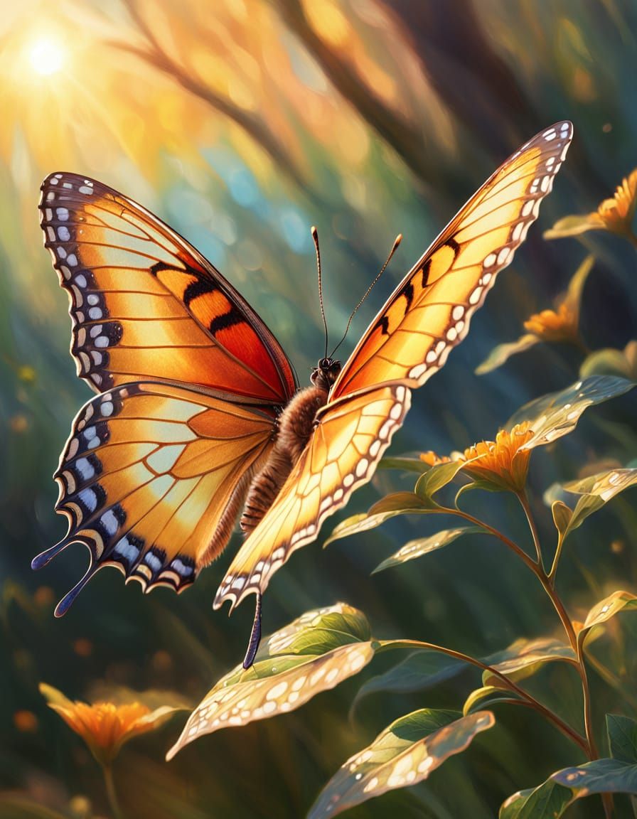 Butterfly Glimmers in Golden Sunrise Landscape