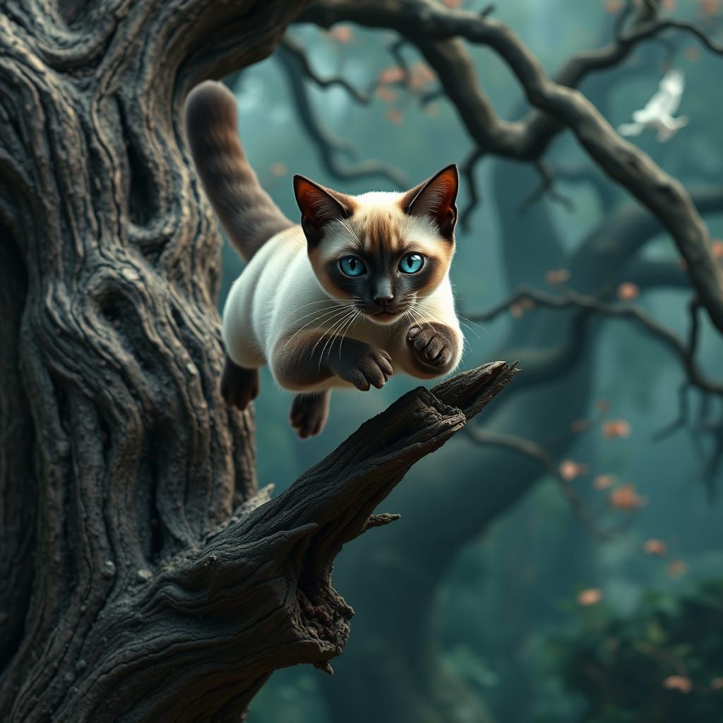 Sleek Siamese Cat Soars Through Mystical Forest in Stunning ...