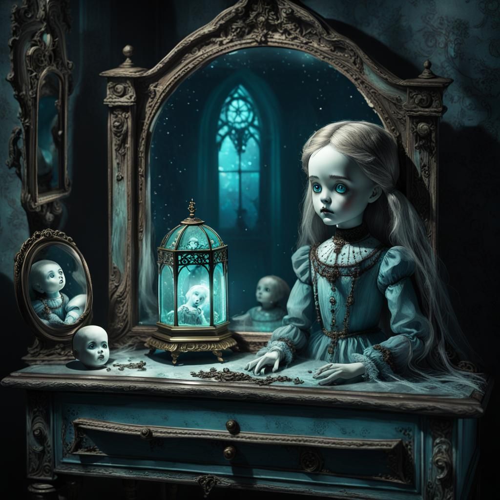 Eerie Gothic Mirror Reflecting a Cursed Doll