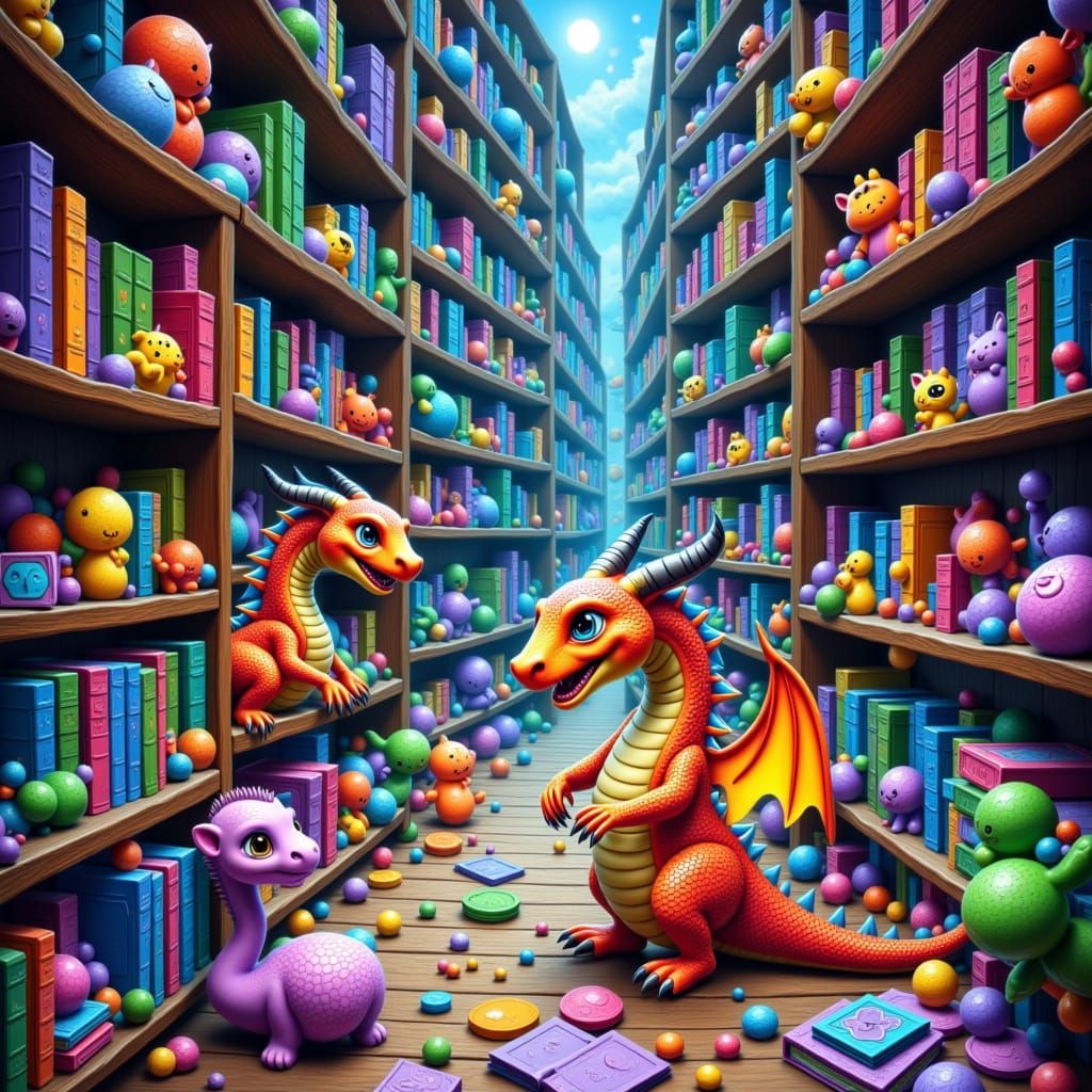 Whimsical Bookshelf Worlds with Iridescent Dragons and Shimm...