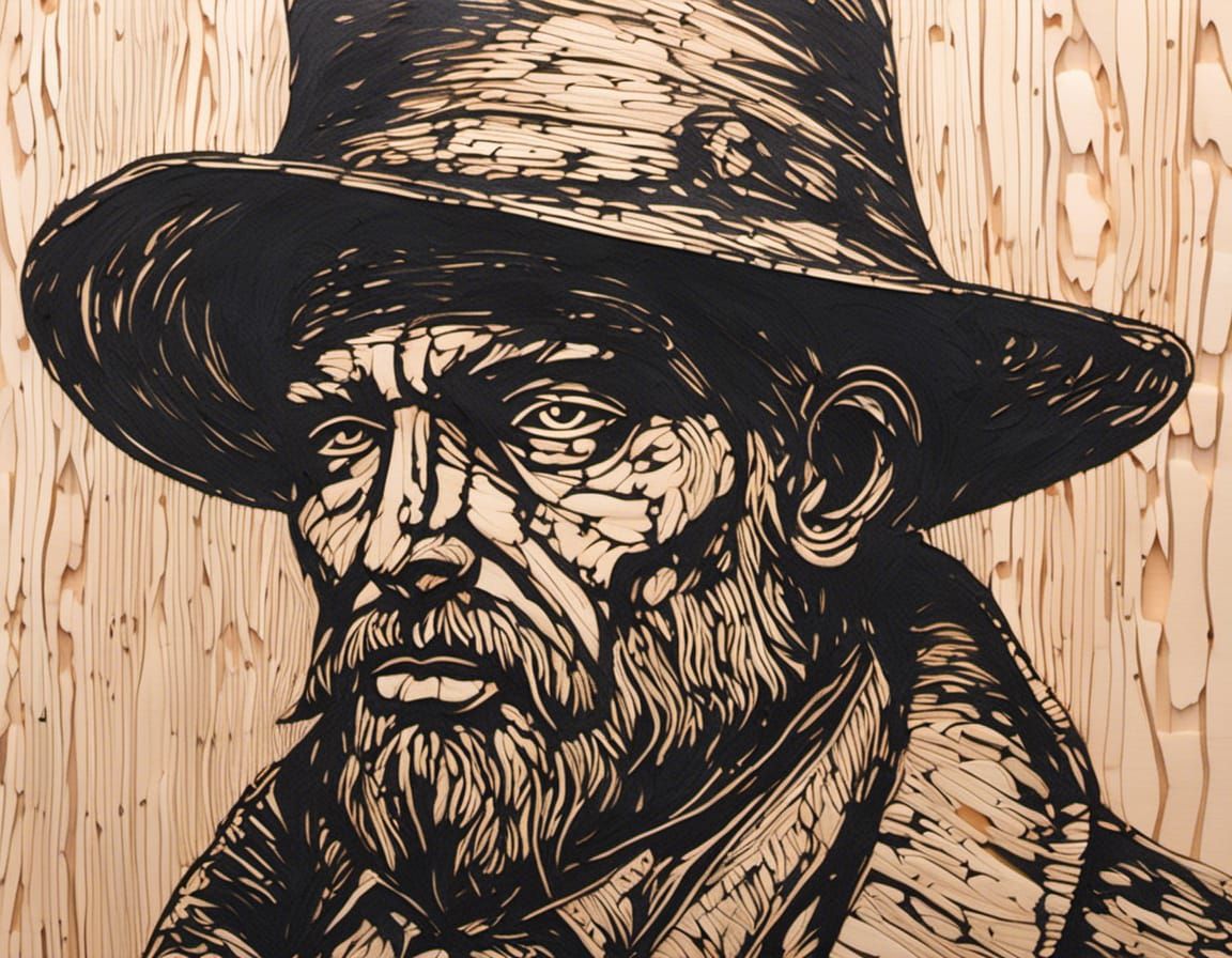Woodcut Drawing of Man with Hat