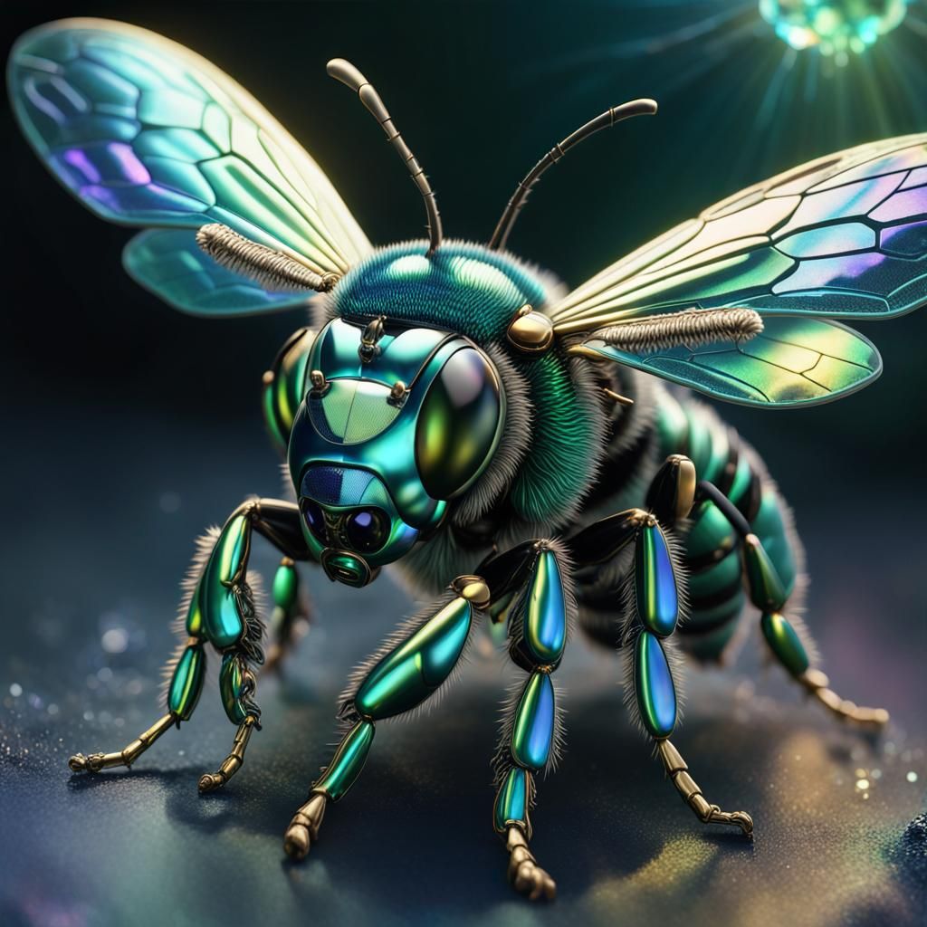 Iridescent Bee with Diamond Wings in Hyperrealism