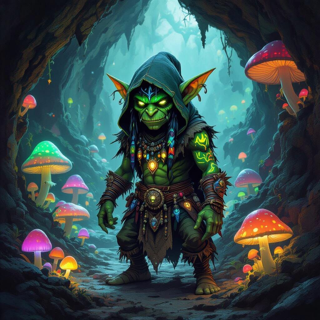 Goblin Shaman in Bioluminescent Mushroom Cave, Dark Fantasy ...