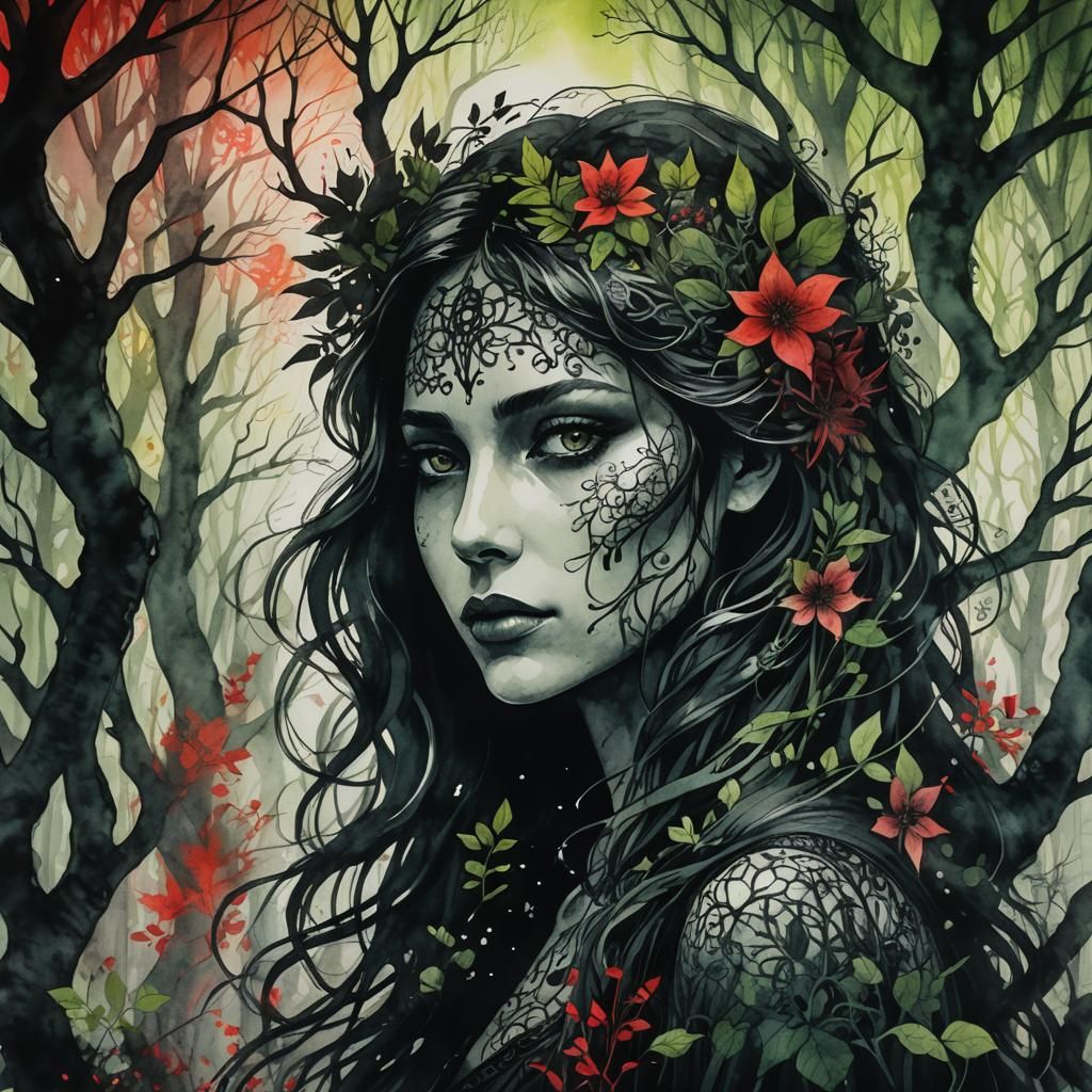 Eerie Forest: Ink Wash Portrait of Woman