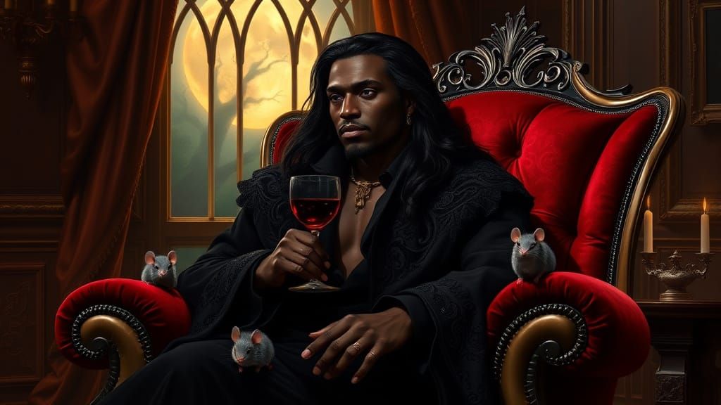 Regal Vampire Contemplates in Dark, Lavish Mansion
