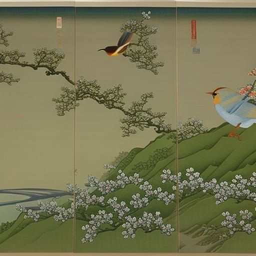 Japanese Wood Print of Cherry Blossoms and Bird