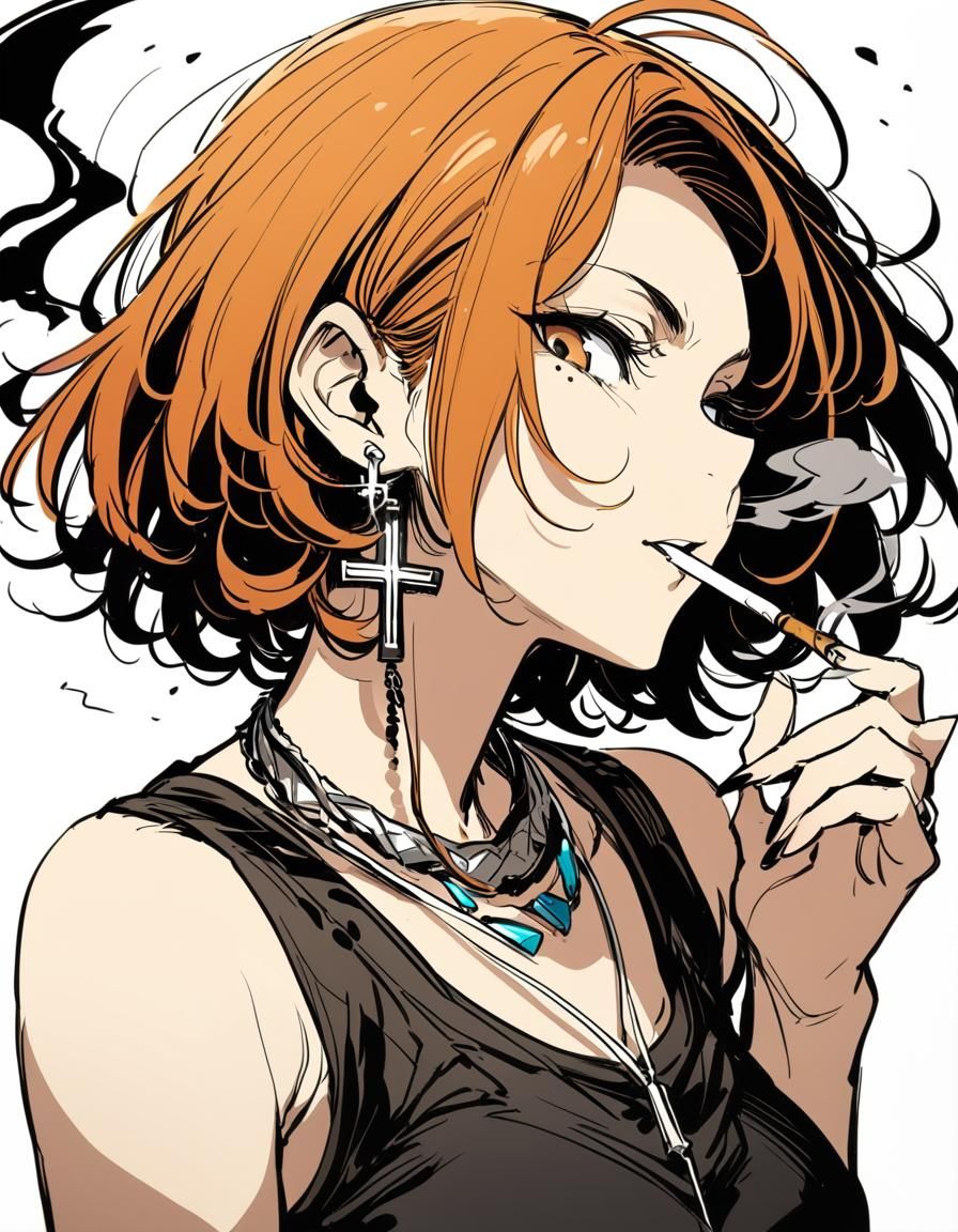 Girl with Piercings and Tattoos Smoking with Animal Ears