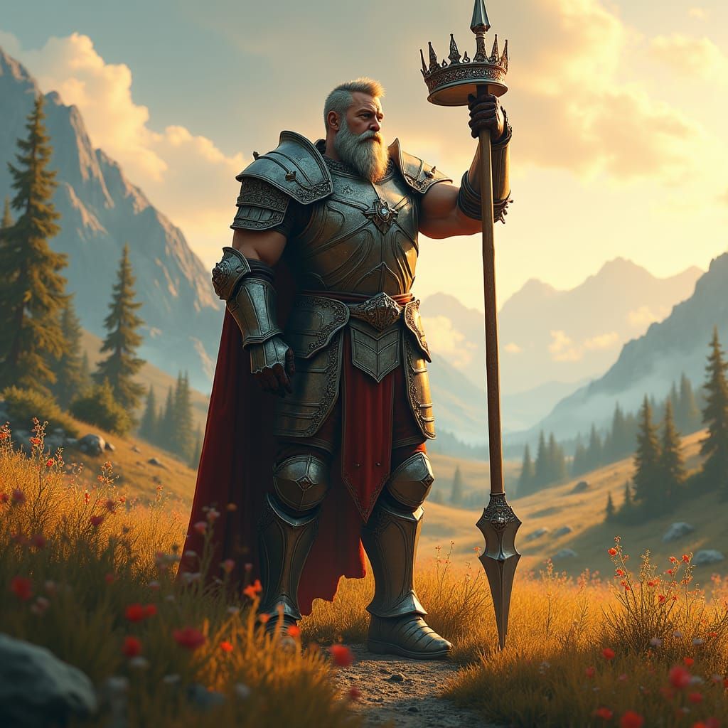 Muscular Knight with Spear and Crown in Fantasy Landscape