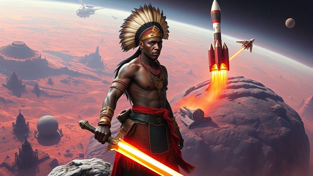 African Warrior on Asteroid in Matte Painting Style