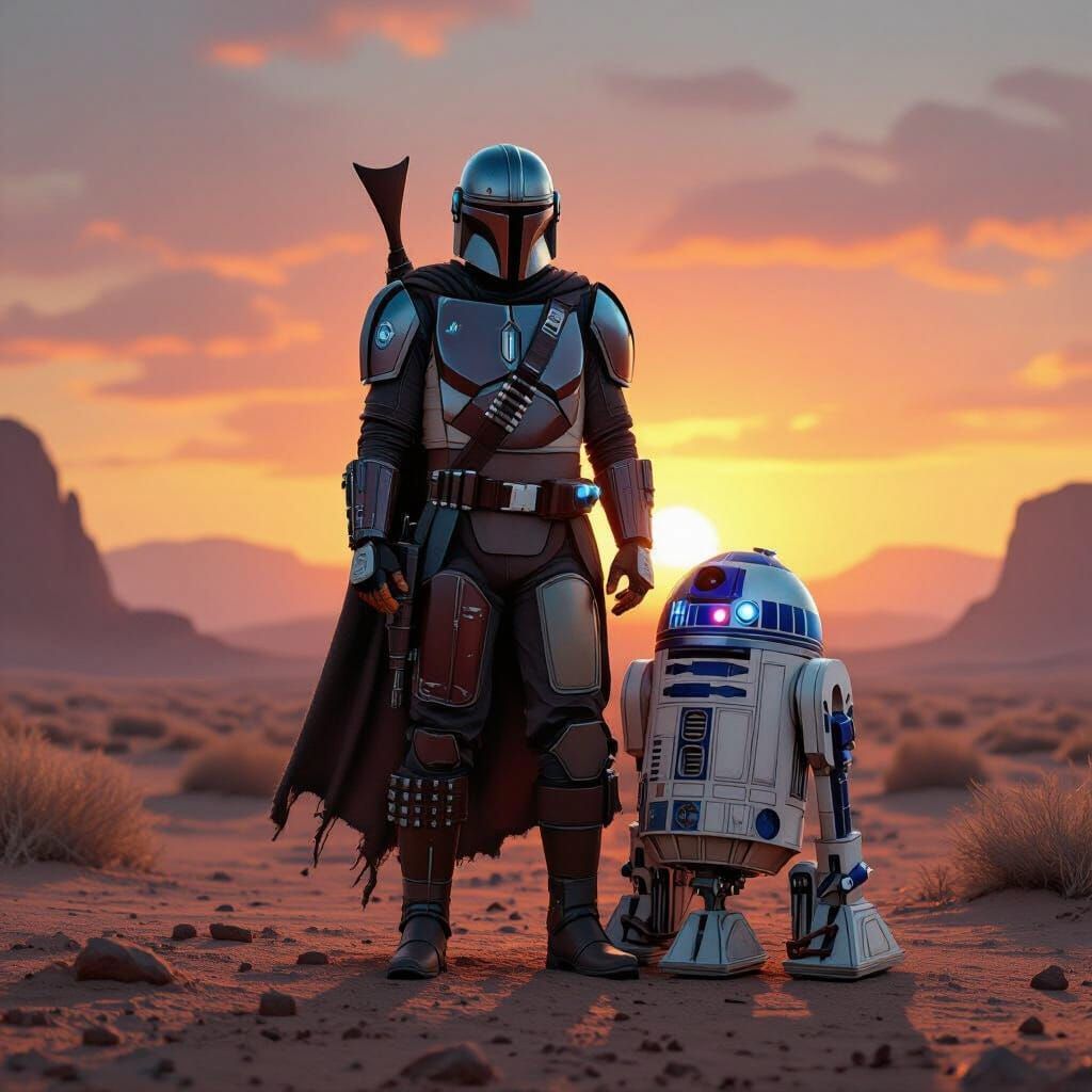 Mandalorian and R2-D2 on Alien Planet