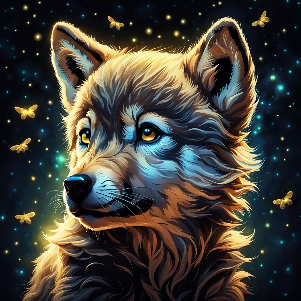 Adorable Wolf Cub Gazing at Fireflies: Digital Artwork