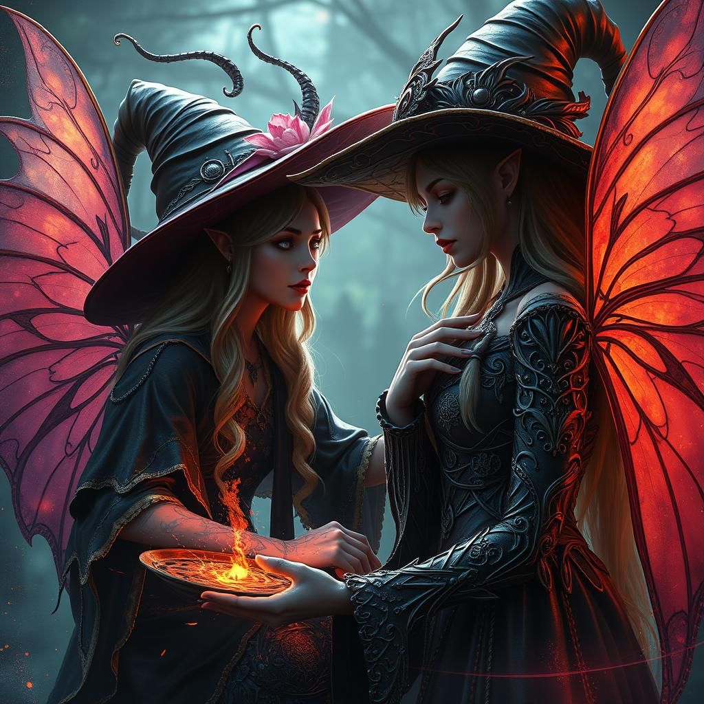 Fantastical Witch and Fairy in Detailed Matte Painting