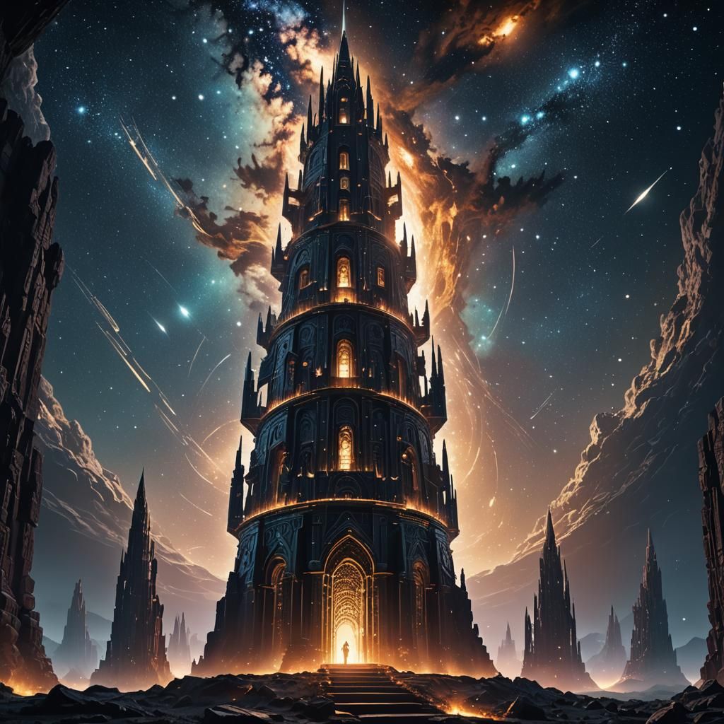Cosmic Architecture: Dark Matter Towers in Ethereal Light