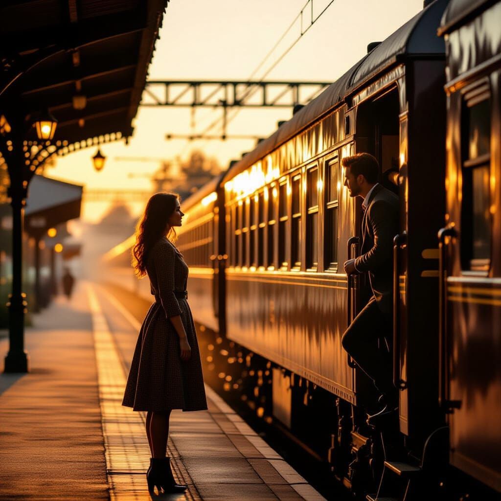 Vintage Train Platform Scene in Golden Light