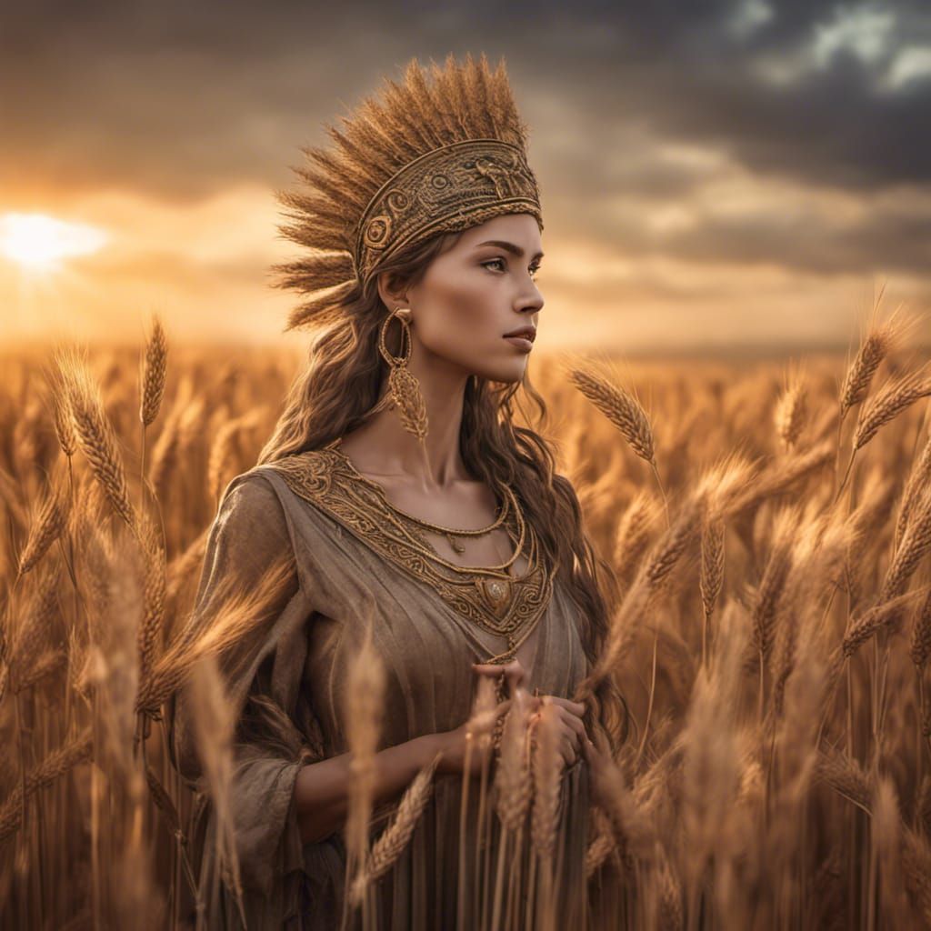 Harvest Goddess in Wheat Field at Sunrise