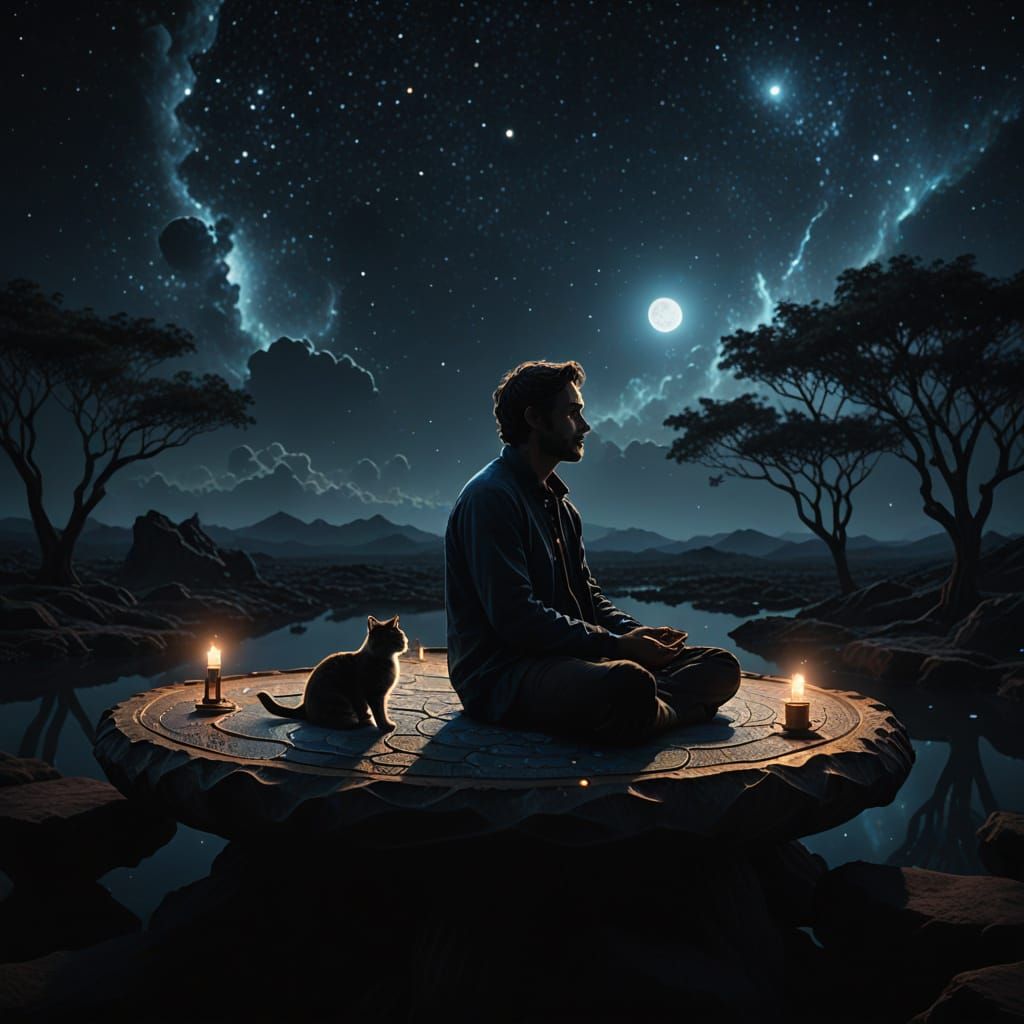 Man Meditates at Floating Bar in Cosmic Dreamscape