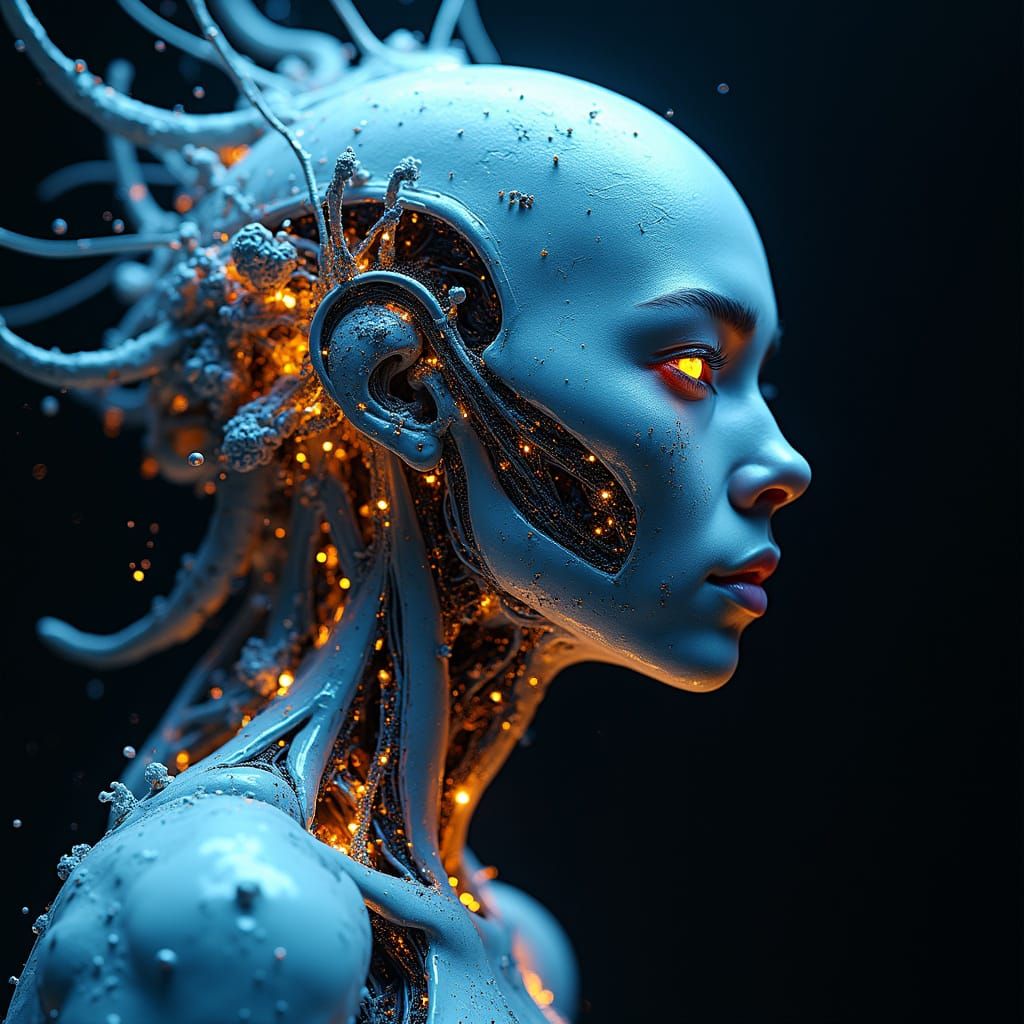 Cybernetic Alien Form Emerges from Splattered Paint