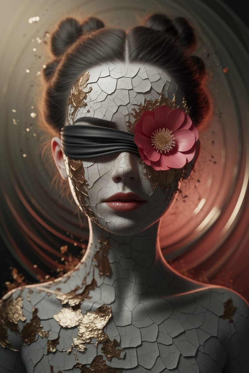 Cracked Portrait with Flower: Surreal Digital Art
