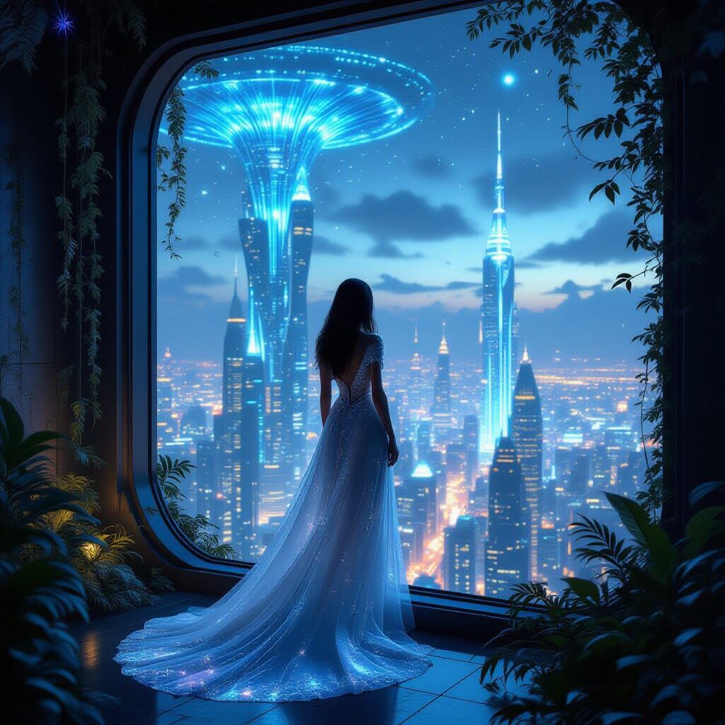 Woman Gazes at Bioluminescent City Jungle