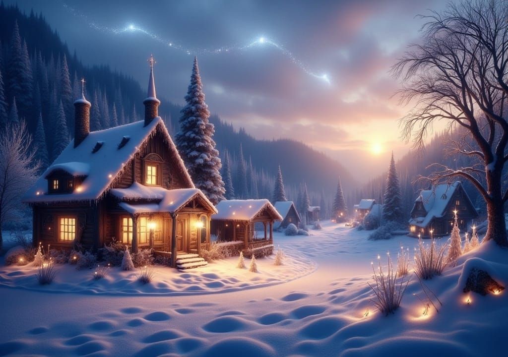 Enchanted Winter Village at Dusk with Twinkling Lights