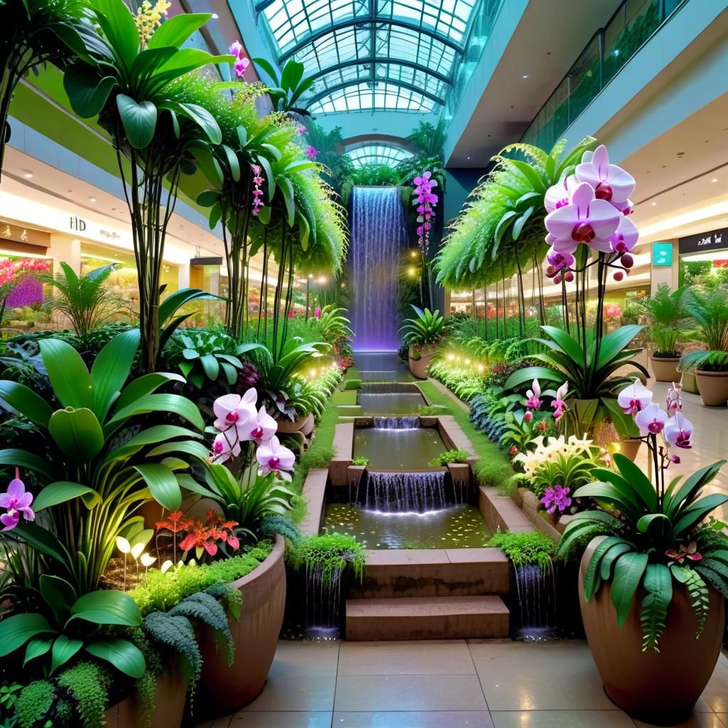 Lush Terrace Garden in Smart City Mall at Night