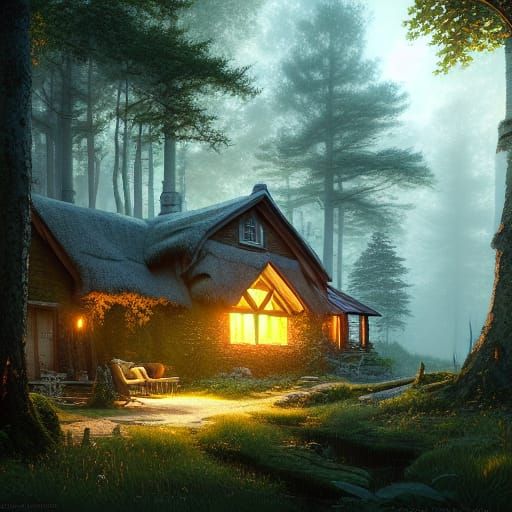 Forest Cottage in Volumetric Lighting, Hyperdetailed