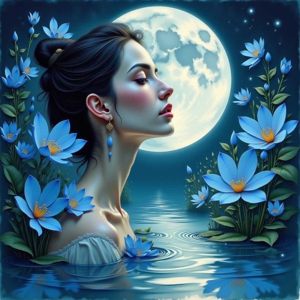 Serene Moon Woman Reflected Among Blue Irises