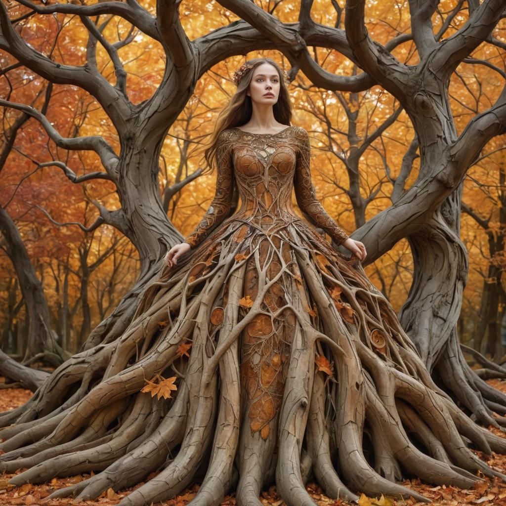Vibrant Autumn Folk Art Woman in Forest