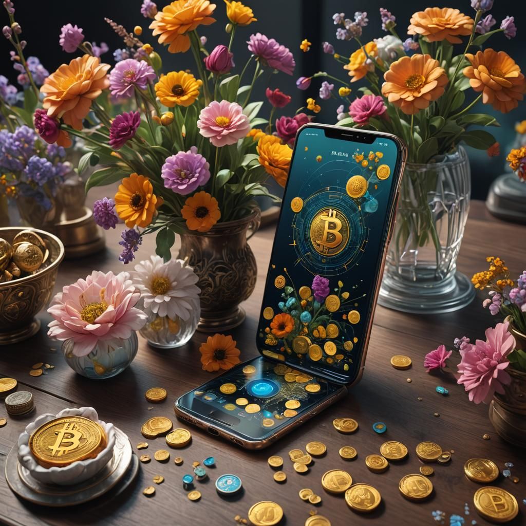 Bitcoin World on Smartphone with Flowers