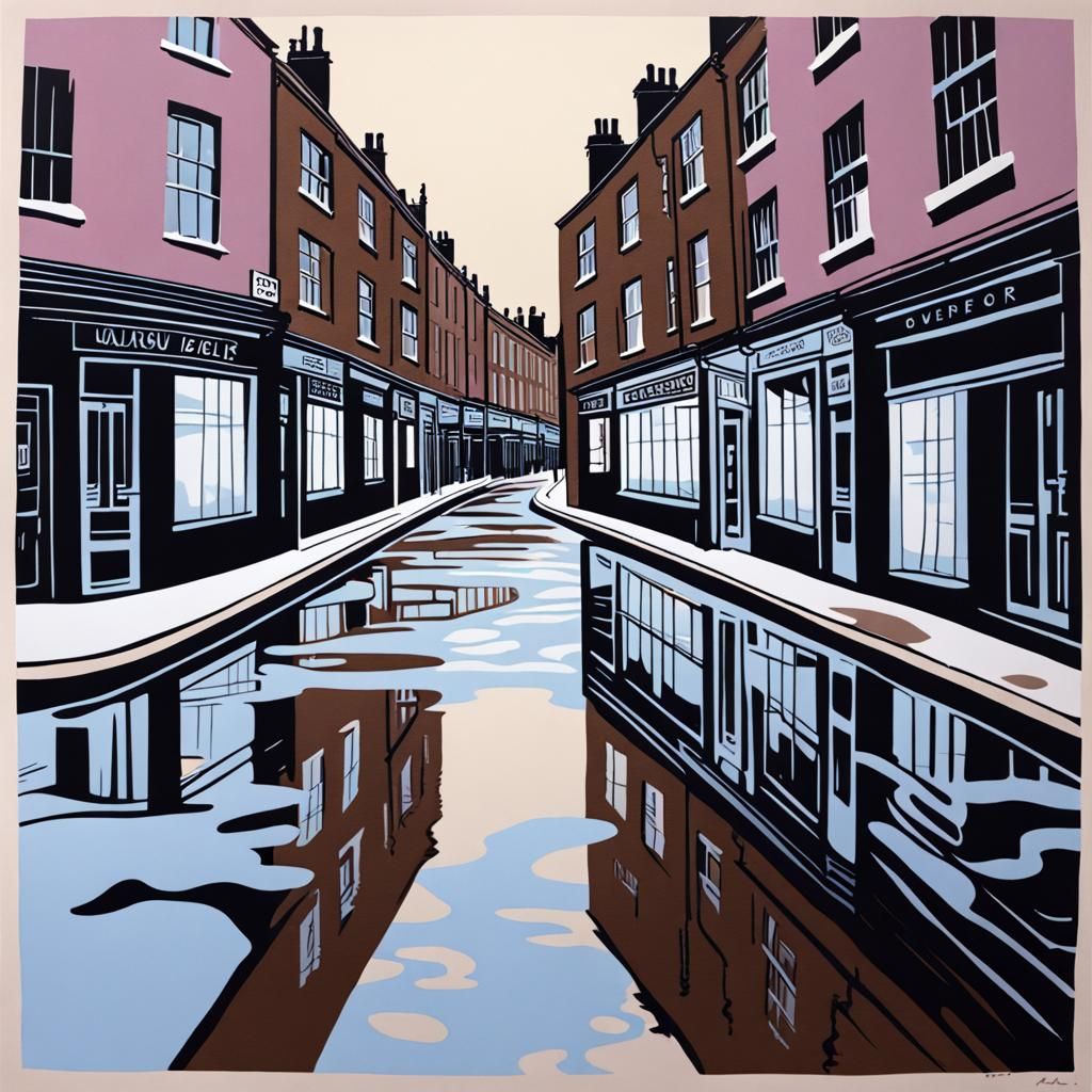 London Shops Reflected in Puddles: Linocut Print