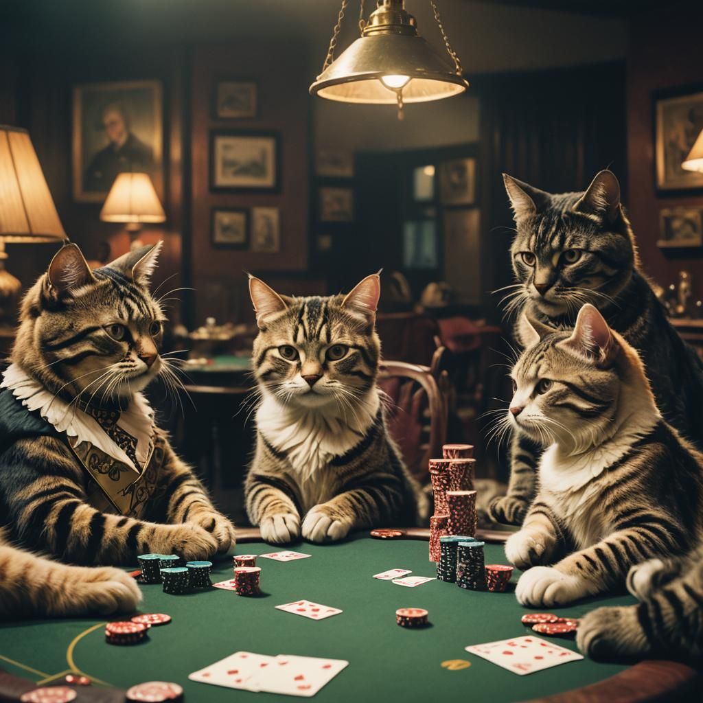 Cats Play Poker in Cinematic Film Still