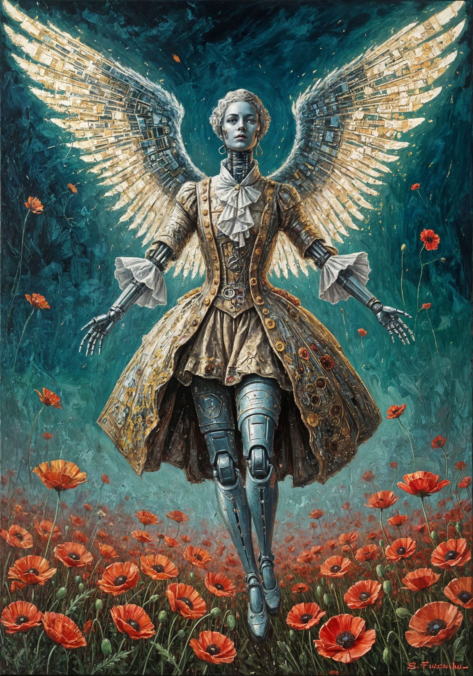 Robot Angel with Circuit Wings in Cyberpunk Rococo Style