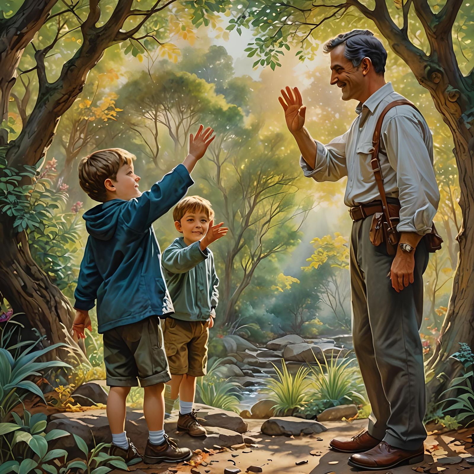 Boy and Father High-Five: Hyperrealistic Watercolor Art