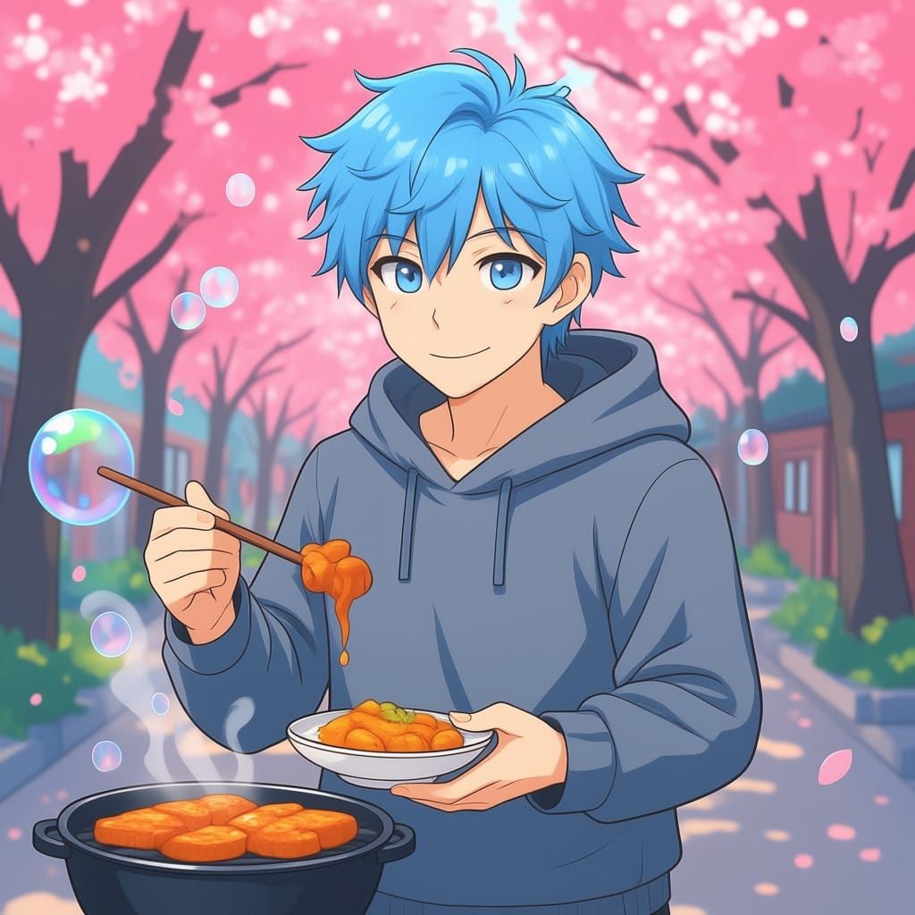 Anime Man with Blue Hair Holding BBQ Stick Among Sakura Tree...