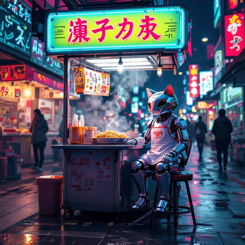 Neon Noodle Stand in Neo Tokyo: Digital Art
