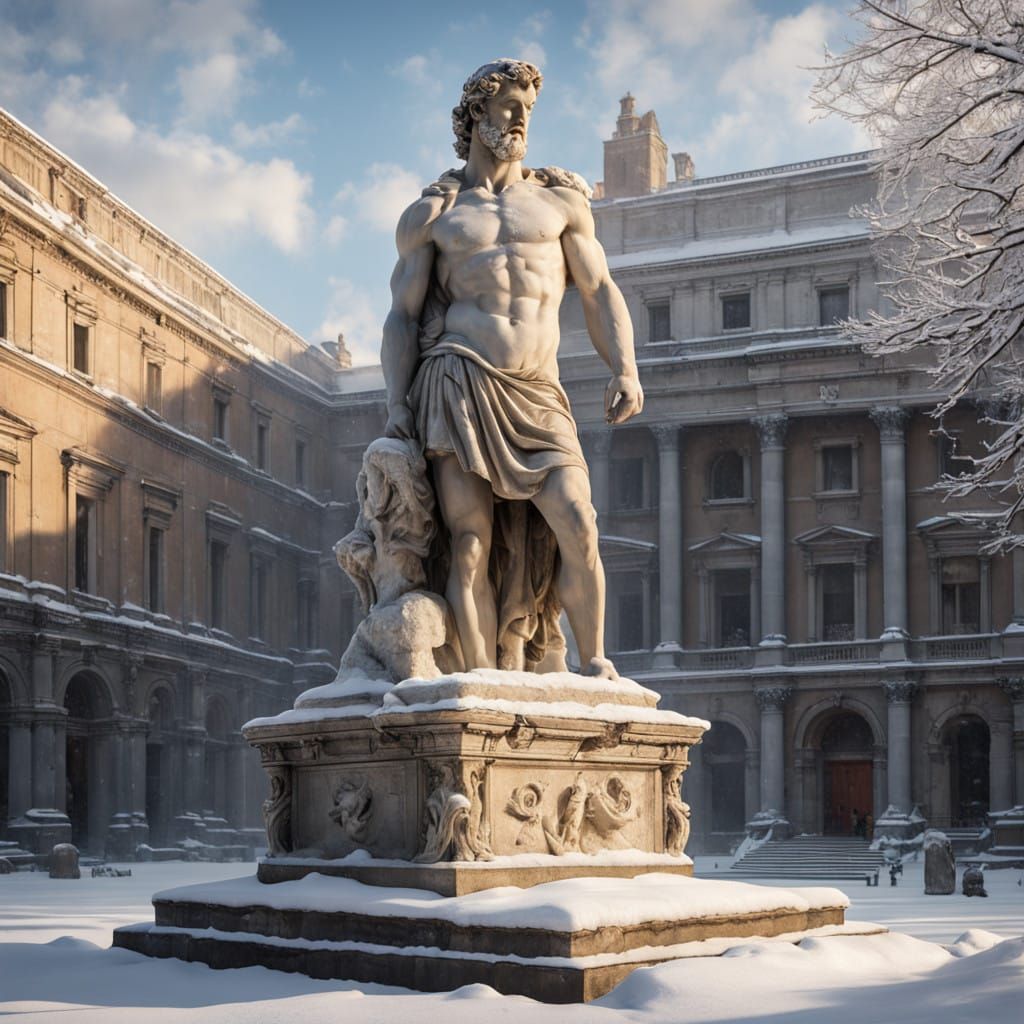 Epic Impressionist Janus Statue in Snowy Roman Square