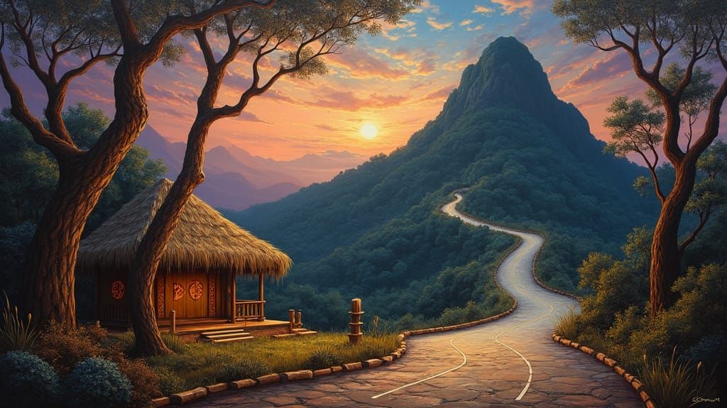 Surreal Landscape Oil Painting: Ancient Meets Modern