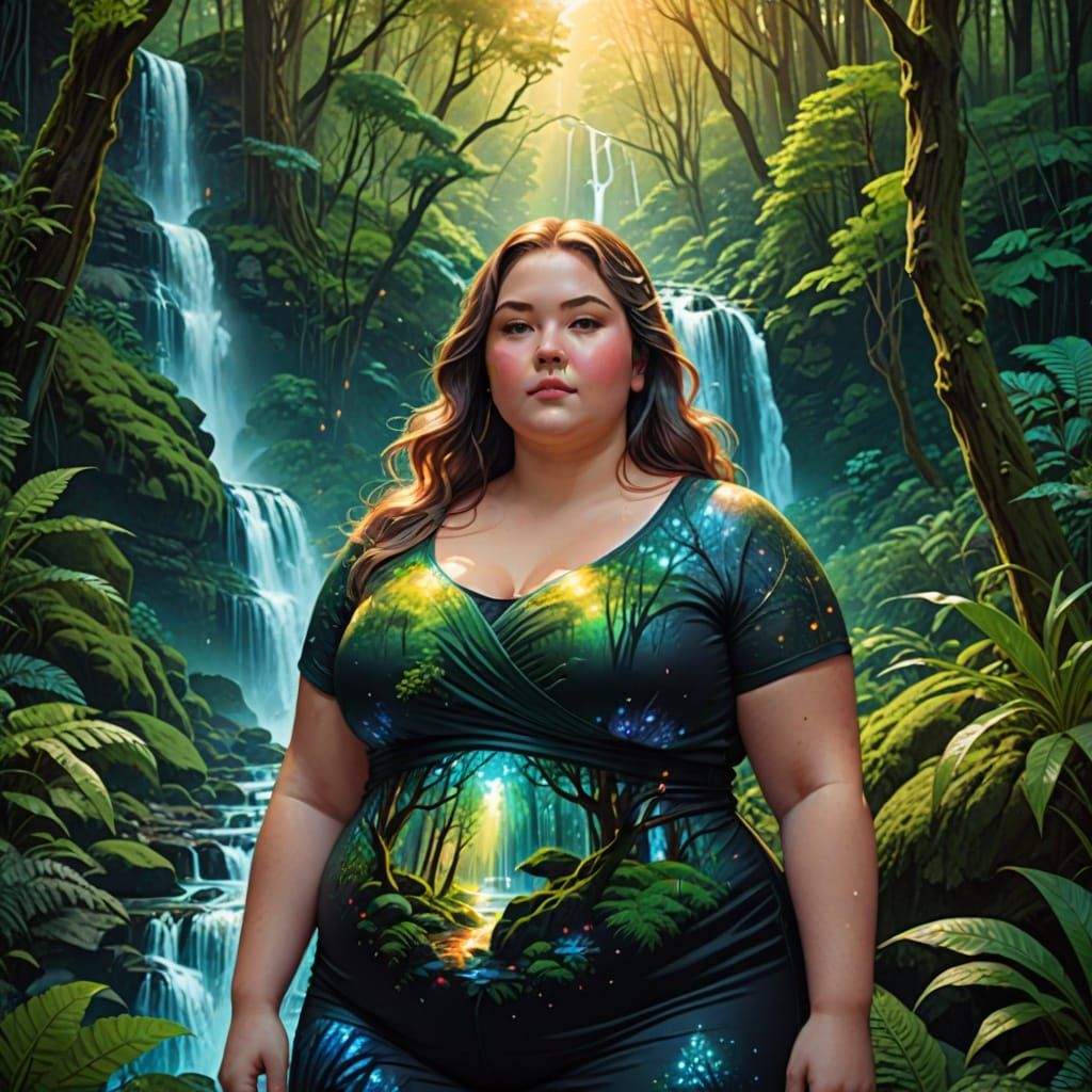 Stunning Plus-Sized Woman in Cosmic Forest Landscape
