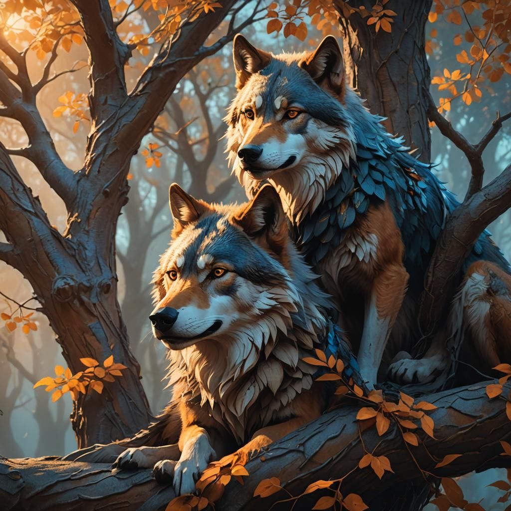 Mystical Wolf Girl in Tree: Fantasy Art