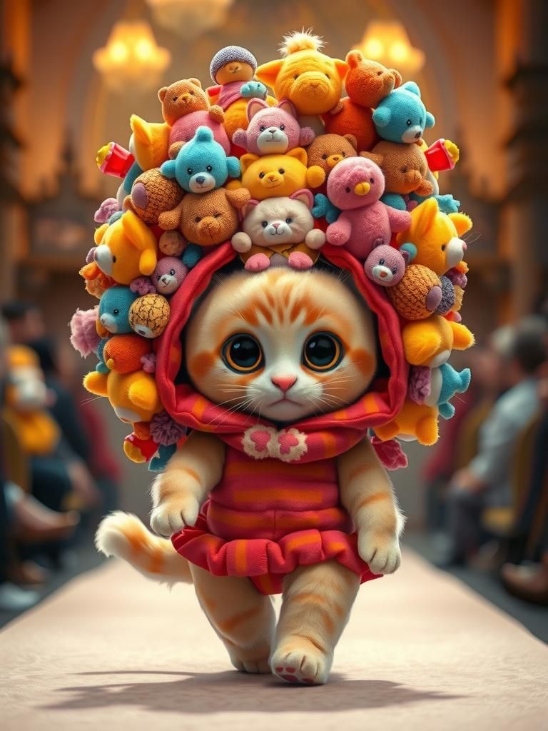 Anthropomorphic Cat on Runway with Plush Toys