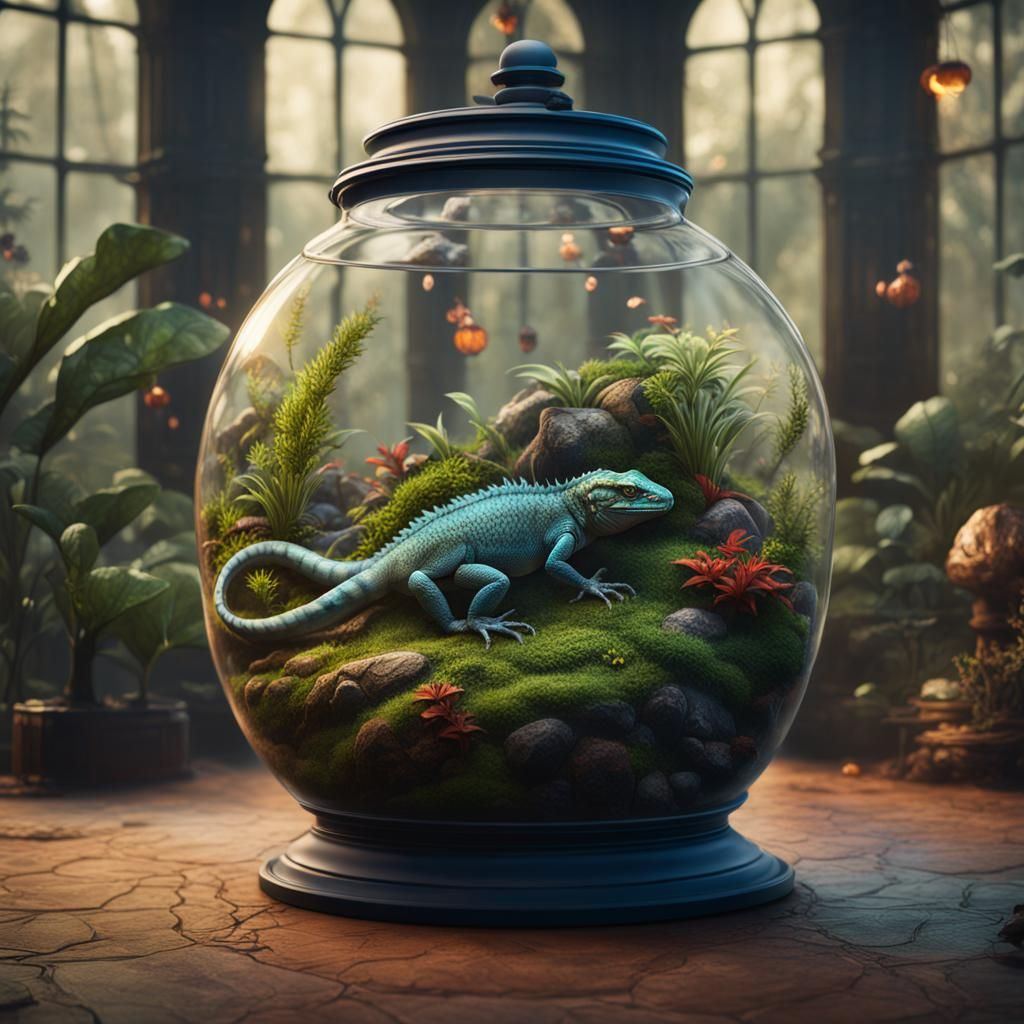 Lizard in Detailed Terrarium: Fantasy Concept Art