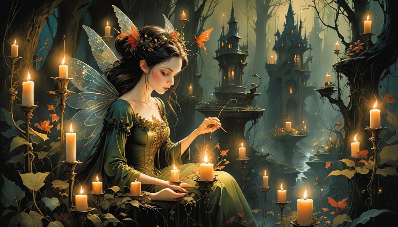 Small Fairy in Candlelit Forest, Anne Bachelier Style