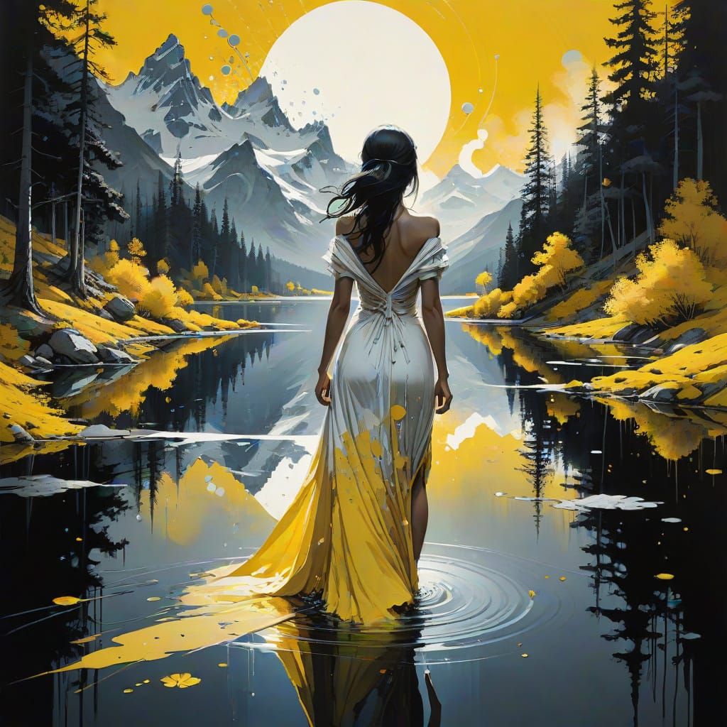 Woman in Lake: Black, White and Yellow Collage