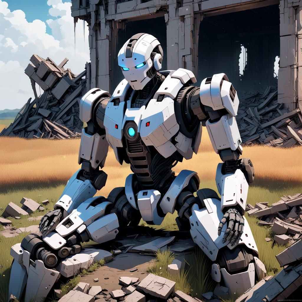 Depressed Robot in Ruined Field: 3D Anime Art