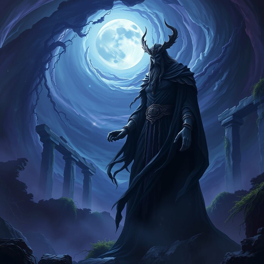 Majestic Greek God of Darkness Amidst Celestial Night