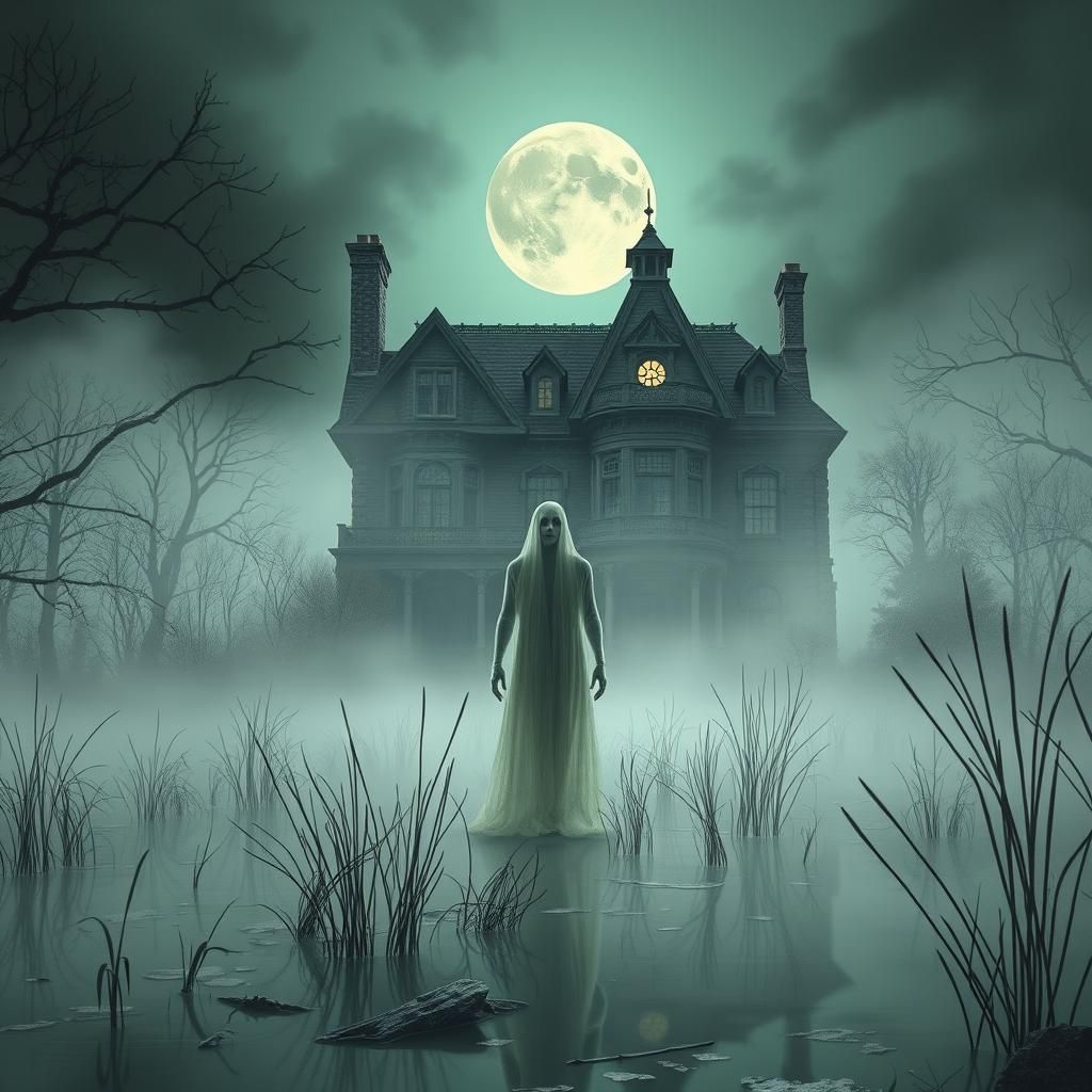 Eerie Ghostly Woman in Misty Art Deco Bog