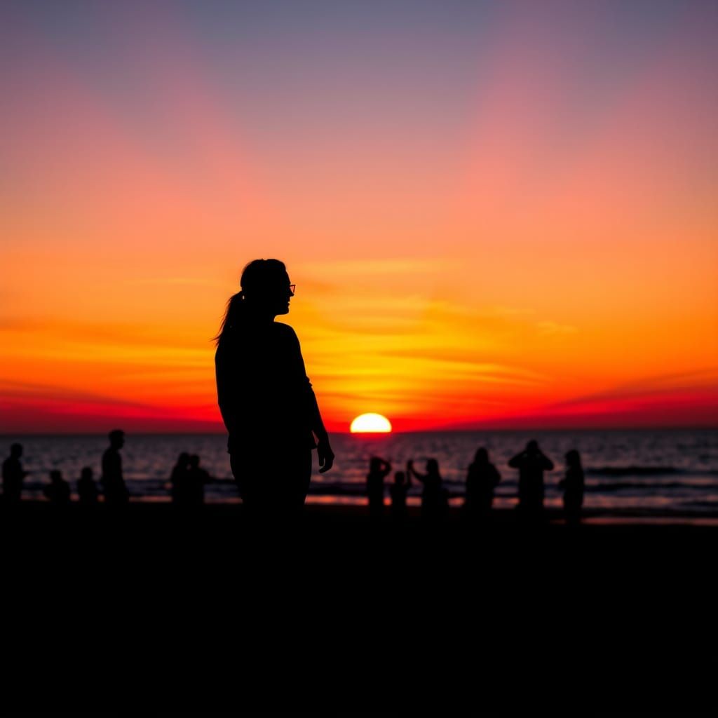 Beach Silhouettes Against a Vibrant Sunset