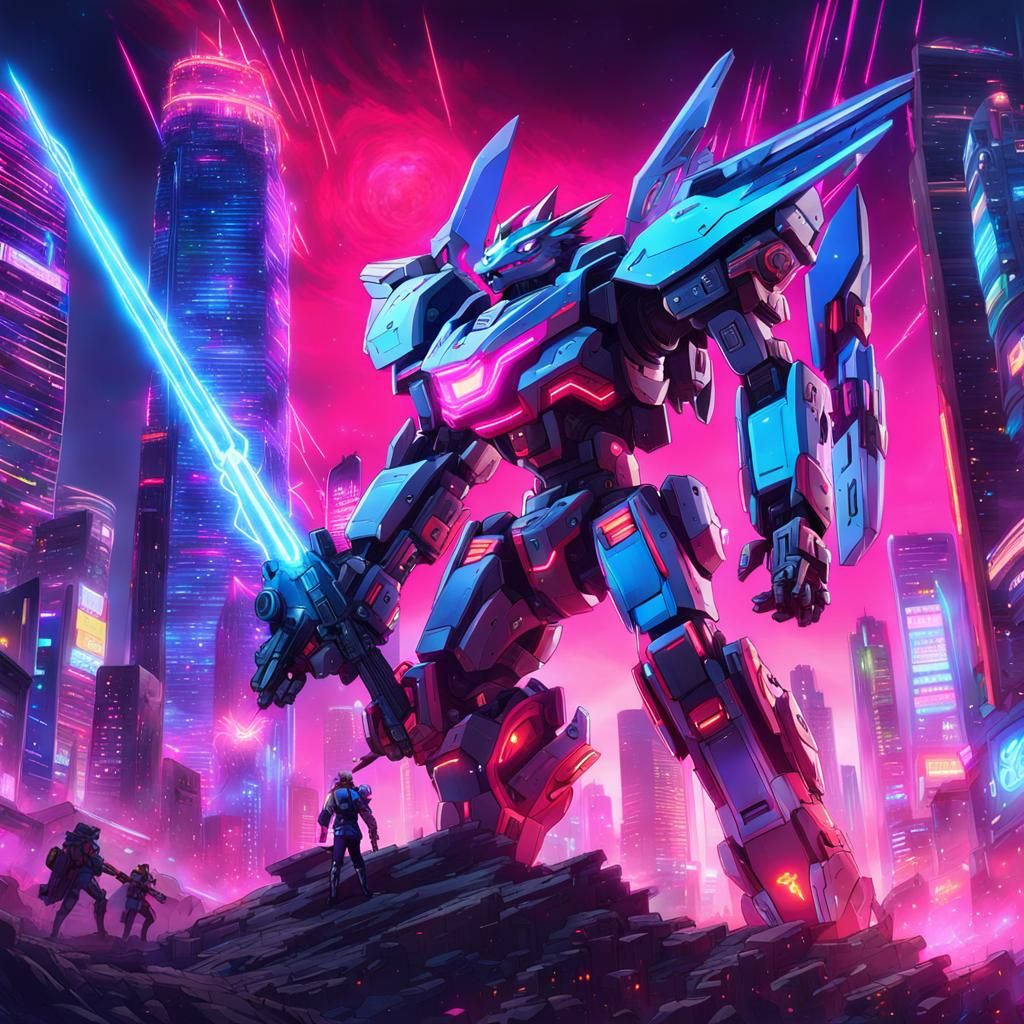 Mecha Wolf Dragon Fusion Destroys City in Anime Style