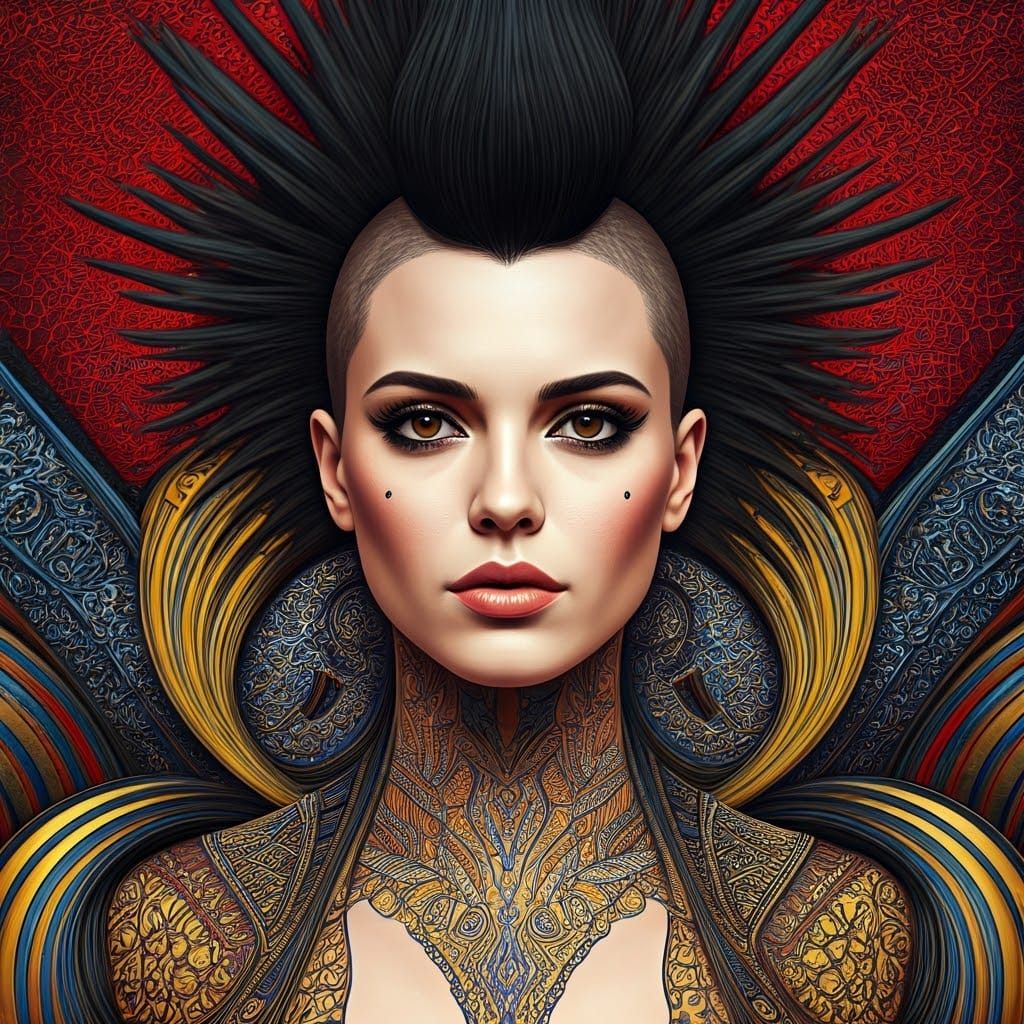 Futuristic Art Nouveau Woman with Geometric Tattoos