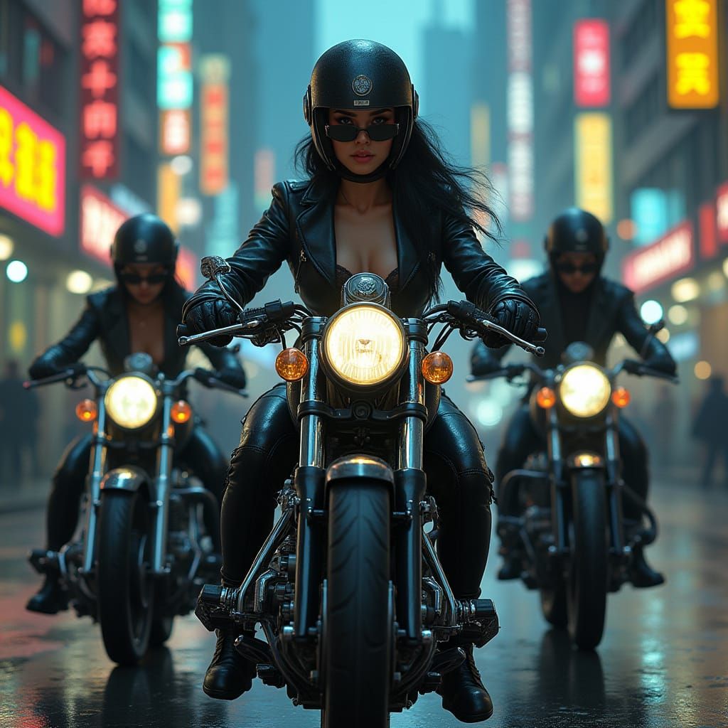 Cyberpunk Cyborgs Ride Through Neon City